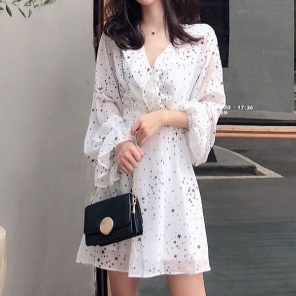 

2021 new chiffon fairy women puff sleeve v-neck ruffles sweet dress high waist fashion korean female clothing autumn md0t mvym, Black;gray