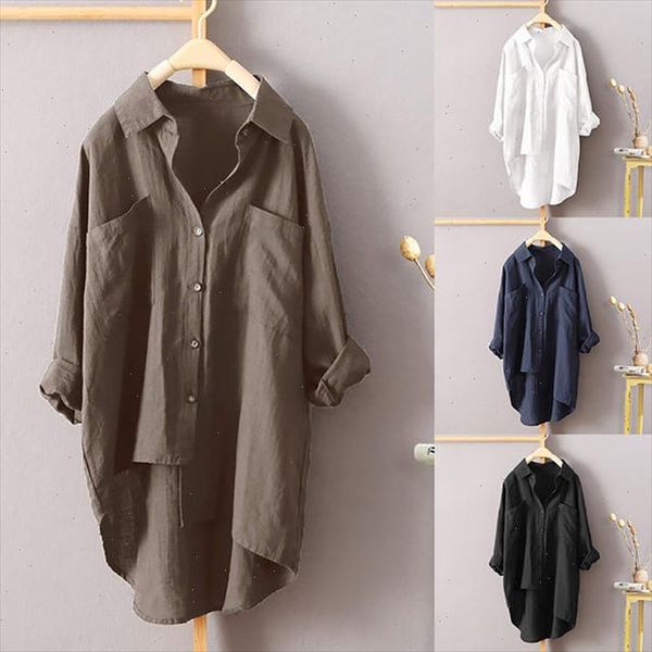 

explosions new womens casual style solid color shirt autumn cotton and linen cardigan double pocket long sleeve blouse, White