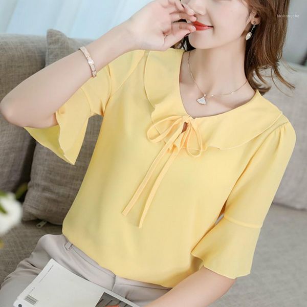 

korean womens chiffon blouse elegant office ruffles tie neck half sleeve slim shirts summer blouse 2019 sweet pink blusas1, White