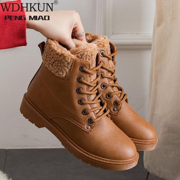 

wdhkun ladies boots round toe winter women shoes lace-up ankle boots solid pu leather comfortable flat botines mujer, Black