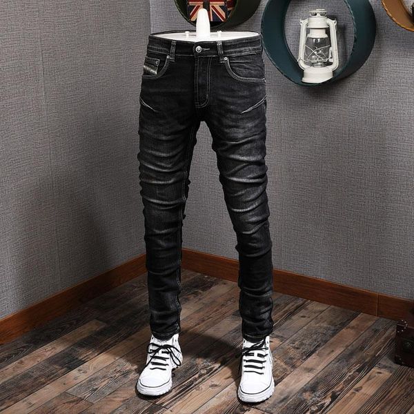 

newly designer fashion men jeans black elastic slim fit casual denim pencil pants korean style vintage trousers, Blue