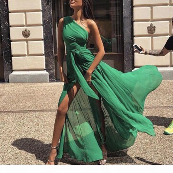 

one shoulder long chiffon evening dresses pleat front split bow prom party dress floor length in stock 2018 new arivals, White;black