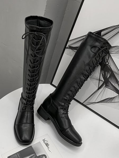 

boots women's shoes knight 2021 winter plus velvet warmth thick heel temperament soft lace-up sleeve and knee, Black