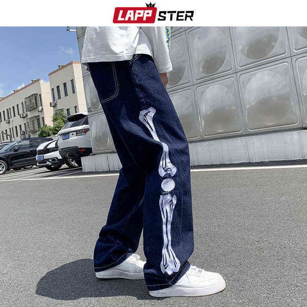 Lappster Men Skeleton мешковатые повседневные брюки 2021 Мужская японская уличная одежда Широкая джинсовая баки