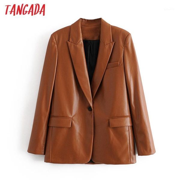 

tangada women 2020 fashion brown faux leather blazer coat vintage long sleeve female outerwear chic qn741, White;black