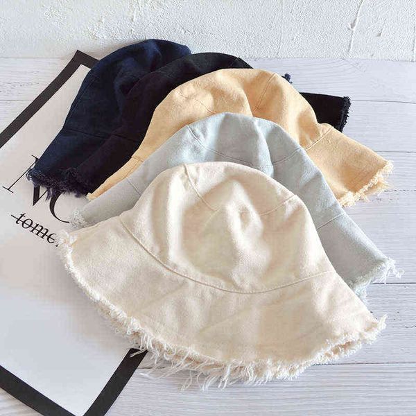 

cotton fashion korean casual ladies flat tassel bucket cap fisherman's hat beach tourism hats women breathable sun hat g220311, Blue;gray