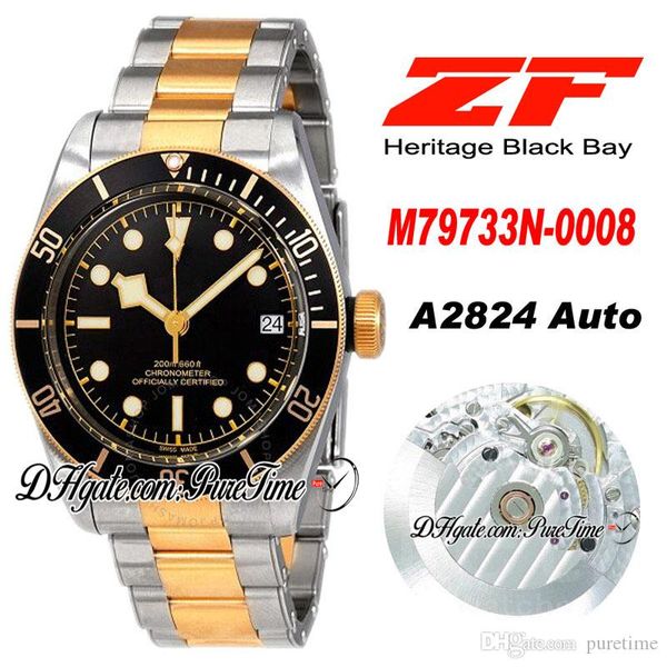 

zf a2824 automatic mens watch two tone yellow gold black bezel black dial stainless steel bracelet edition eta pttd puretime c04b2, Slivery;brown