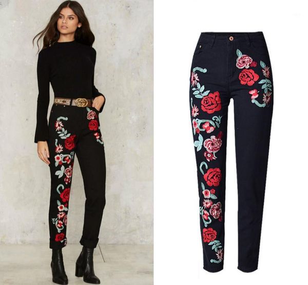 

quality 3d colorful women jeans with embroidery high waist black roses embroidered jeans women fashion straight pantalon femme1, Blue