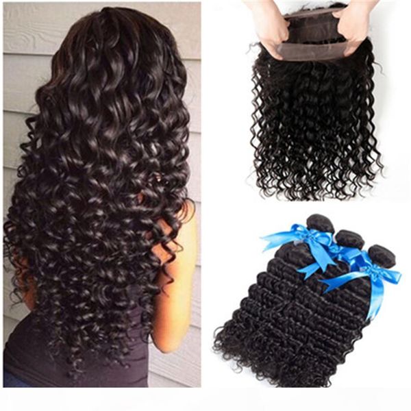 

pre plucked deep wave full frontal 360 band lace closure with 3bundles virgin peruvian deep wave wavy human hair weaves extensions 4pcs lot, Black;brown