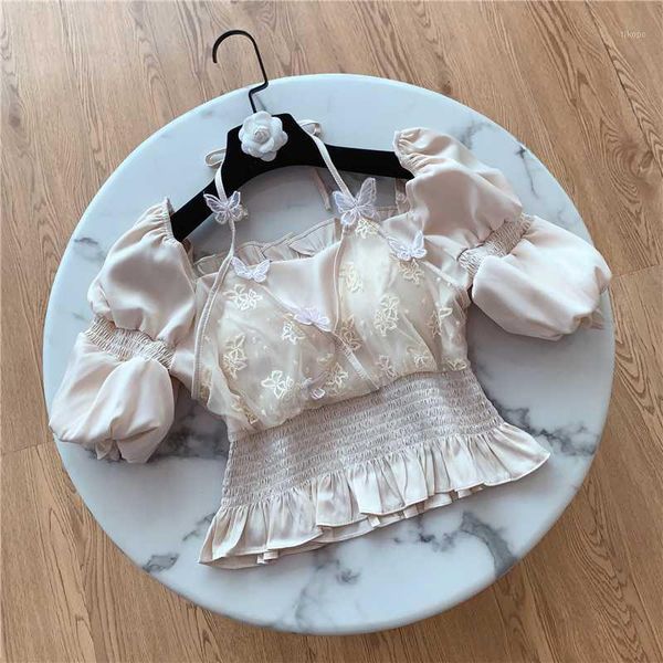 

high street fashion 2020 designer dress women's square collar lantern sleeve gauze embroidery short blouse, White