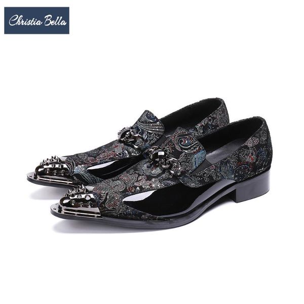 

christia bella fashion floral men genuine leather shoes rivets pointed toe dress shoes wedding business oxford big size, Black