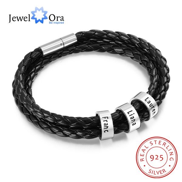 

jewelora 925 sterling silver personalized men bracelet with custom name beads 2-5 charms black leather bracelets for men jewelry 200928, Golden;silver