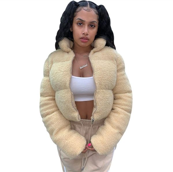 

женщины зимние пальто шерпа сплошного цвета с длинными рукавами молния кардиган стоячий воротник хлопка ватник женщина puffer верхняя одежда, Black;brown