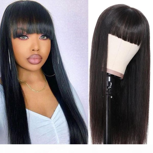 

straight long wigs peruvian remy or virgin hair mid-length human hair wigs for women natural color full machine made wigs with bangs, Black;brown