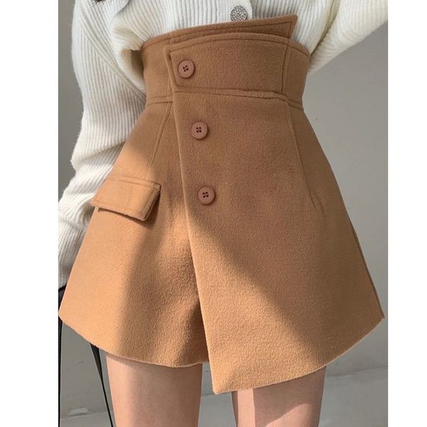 

new elegant wool sktrts winter high waist solid button short mini office lady casual korean skirts women 2021 bfyl, Black;gray
