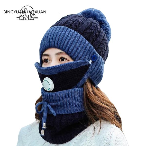 

women's hat and scarf set winter fashion new warm cotton pompom knitted warm vogue beains skullies hat for femme 201019, Blue;gray