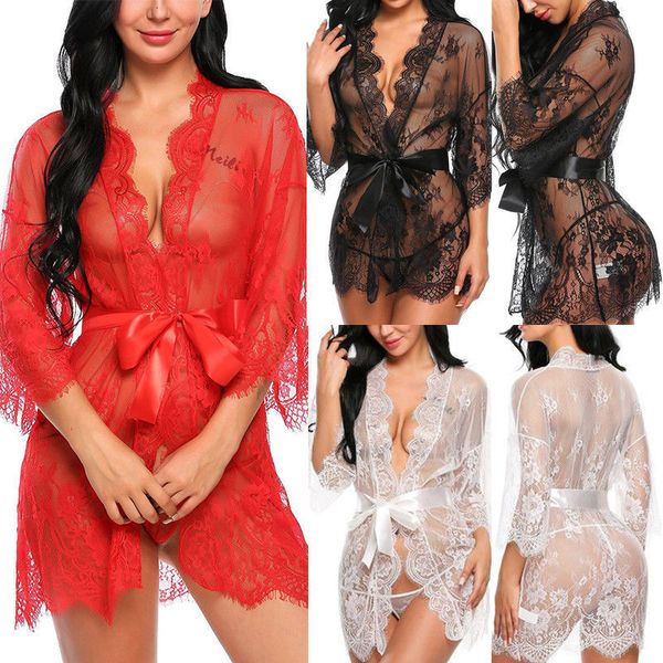

women lingerie lace ruffles robe see-through babydoll underwear sleepwear night erotic clothes, Black;white