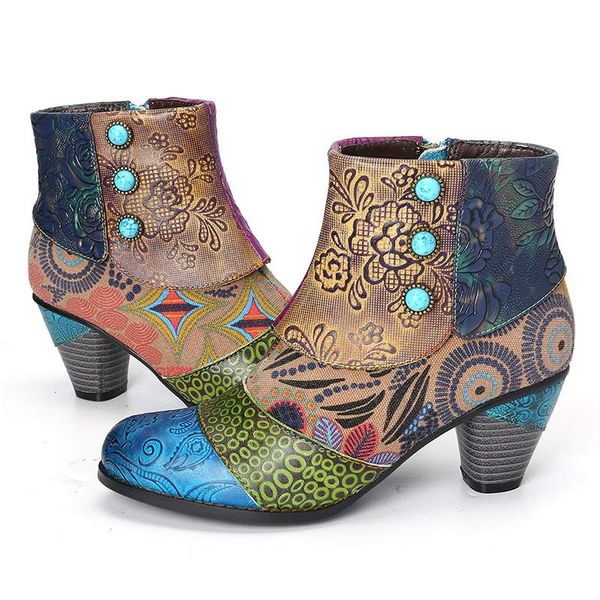 

boots women winter pu leather high heel floral printed patchwork female plush ankle fashion zipper, Black