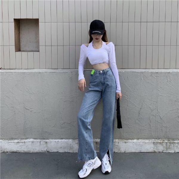 

autumn fluorescent green leather brand irregular high jeans and jeansjeanswaist split jeans hanging neck backless 20470 tl1z7, Gray