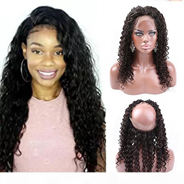 

360 8a brazilian deep wave pre plucked natural hairline human virgin hair 130% density 360 lace frontal closure bleached knot with baby hair, Black;brown
