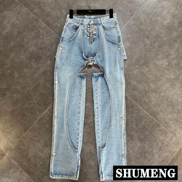 

2020 autumn new streetwear high waist light blue hollow out denim pants personality women jeans pants