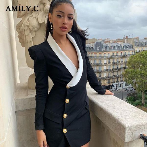 

amily.c 2020 fall women fashion black blazer dress v-neck long sleeve single breasted bodycon mini dress club party1, Black;gray