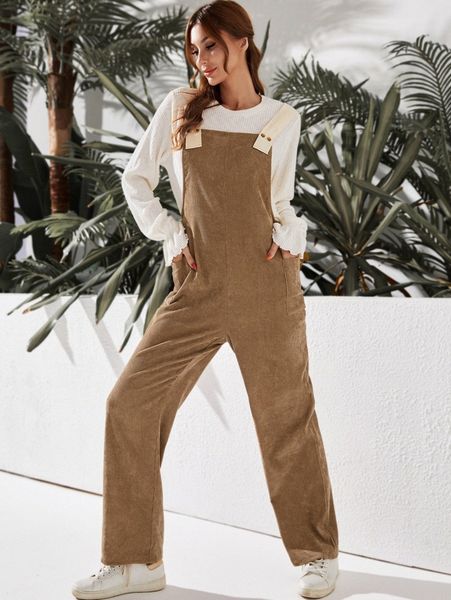 

luukse contrast panel dual pocket corduroy overalls x54k#, White