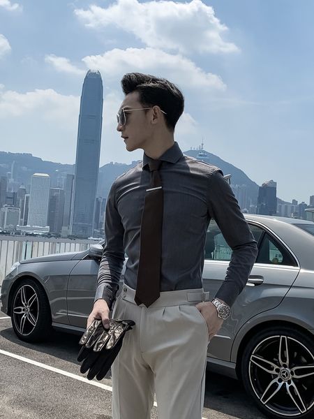 

daio mens french windsor korean one letter collar texture long sleeve shirt temperament british men