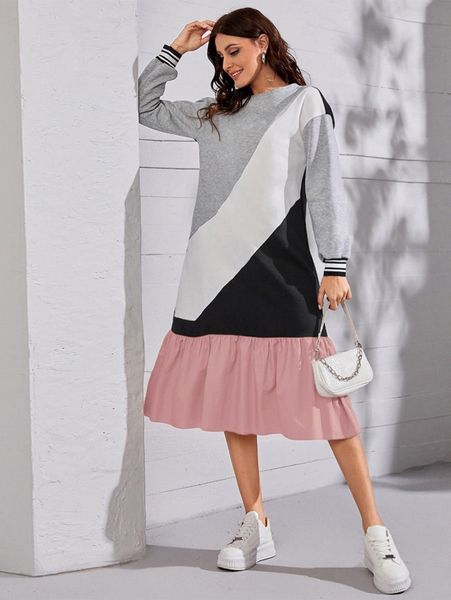 

drop shoulder ruffle hem colorblock sweatshirt dress a57l#, White;black