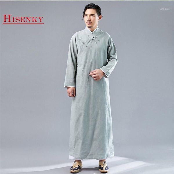 

hisenky new spring autumn chinese traditional robes men retro ethnic style hanfu long designer outfit tang suit jacket x-long1, Tan;black