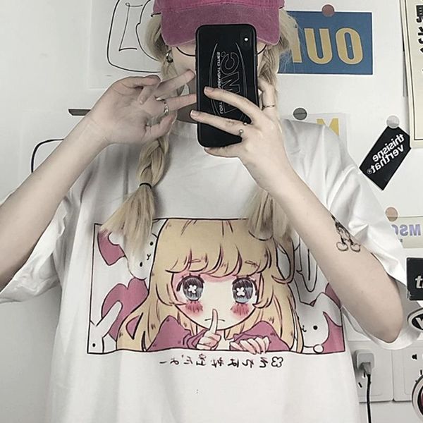 

harajuku ulzzang cartoon sweet kawaii girls japan pink cute fun casual streetwear vintage loose chic summer women t-shirt, White
