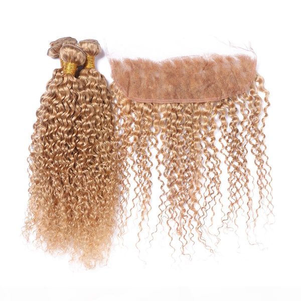 

peruvian virgin #27 honey blonde human hair with lace frontal kinky curly strawberry blonde 3bundles with 13x4 full lace frontal closure, Black;brown
