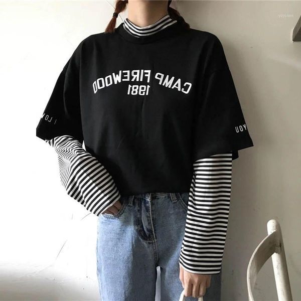 

stripe patchwork tshirt half turtleneck tee shirts 2020 spring long sleeve shirt women fashion causal clothing1, White