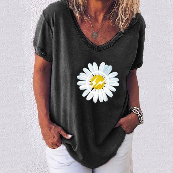 

daisy printed women's cotton large size loose short-sleeved t shirt mid-length soft summer t-shirt femme streetwear, White