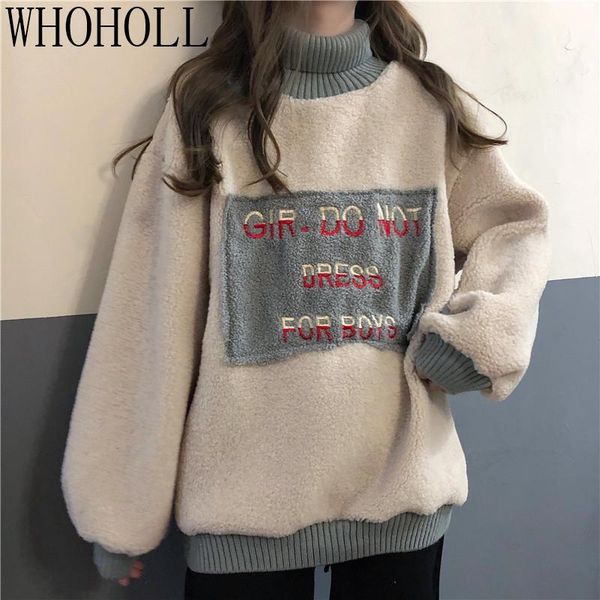 

turtleneck sweater women letter printed all-match bf loose lambskin coat streetwear women harajuku oversize pullover sweater, White;black