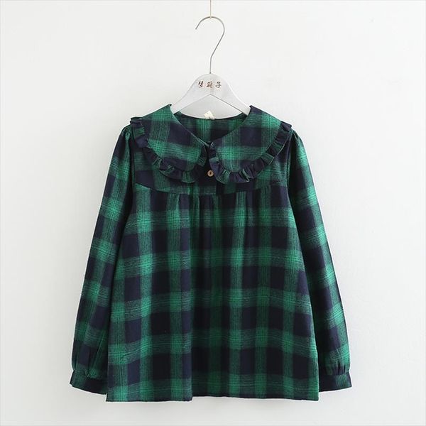 

women green plaid shirt 2021 mori girls autumn spring japanese style chic long sleeve peter pan collar plaid blouse, White