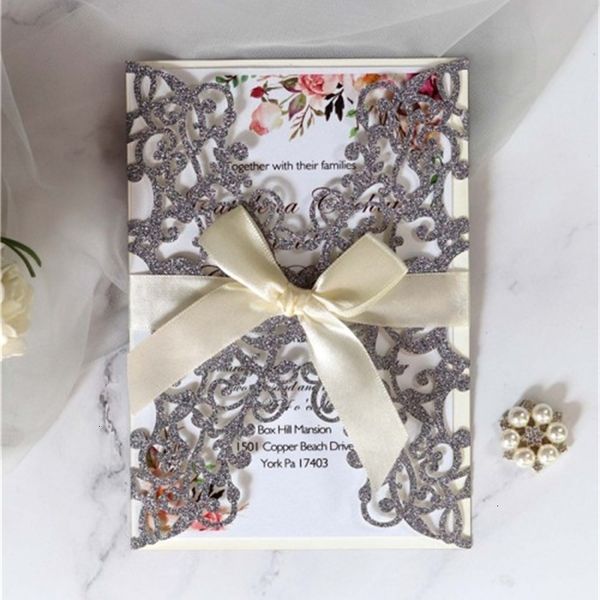 

u9uf7u factory price flower hollow laser cut elegant engagement glitter wedding invitation card with rope and envelope 4 n