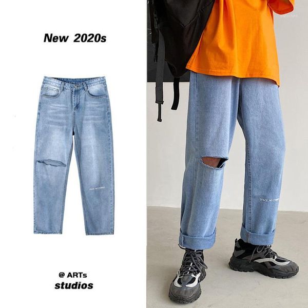 

korean straight jeans men's fashion retro casual blue ripped jeans men streetwear loose hip hop hole denim pants mens -2xl1