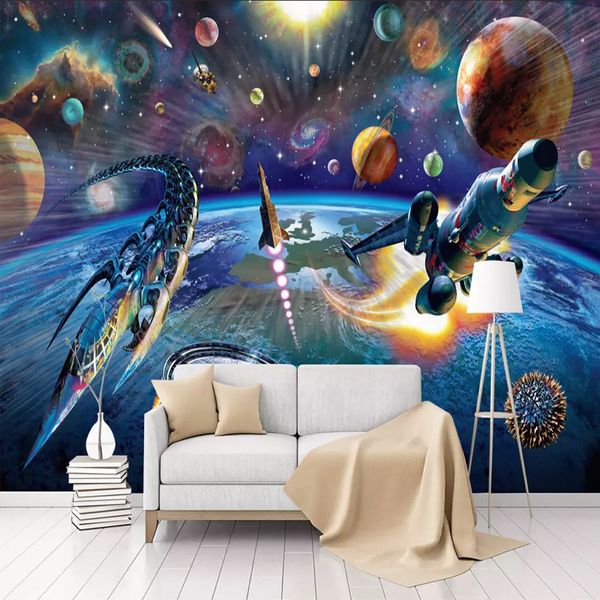 Özel Duvar Duvar Kağıdı Modern El Boyalı Karikatür Uzay Uzay gemisi Çocuk Odası Yatak Odası Duvar Dekorasyonu İçin Çocuk