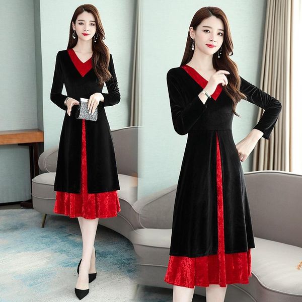 

casual dresses elegant velvet dress solid long sleeve party women slim fit v neck autumn fashion warm elbise vestidos mujer femme cloth, Black;gray