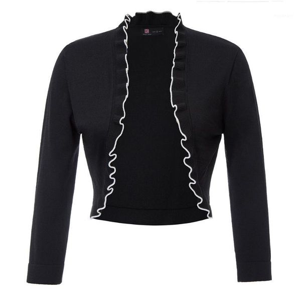 

women jacket spring fall knitted shrug bolero ruffled knitwear cardigan 3/4 sleeve elegant fitting open front coat wedding party1, Black;brown