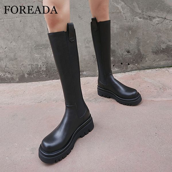 

foreada натуральной кожи колено высокие сапоги женщина платформы высокой пятки boots блочные обувает zip круглый toe женщины длинные осень 3, Black