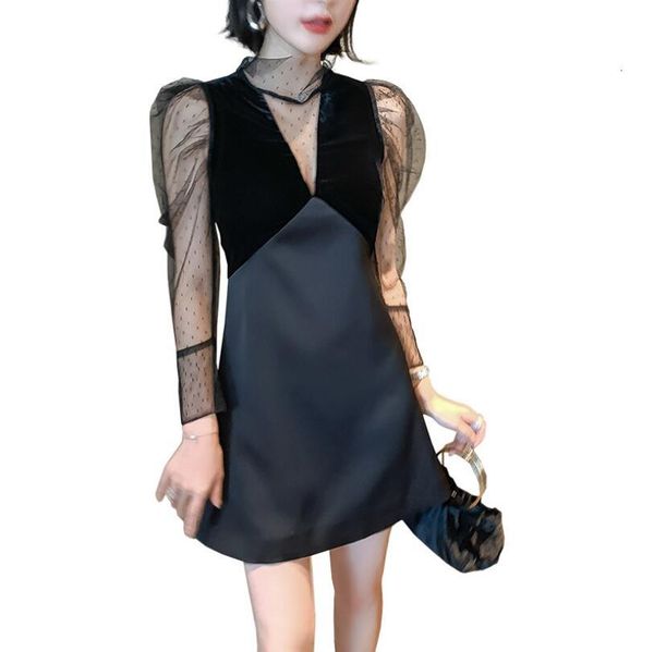 

2021 spring dresses women's party gown long sleeved sleeves vintage shreds dress bandage p406 xfvr, Black;gray
