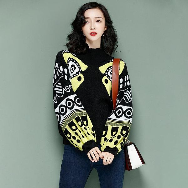 

women's sweaters 2021 autumn celebrity style multicolour half turtleneck knitted women lantern sleeve female knitwear pullovers jumpers, White;black