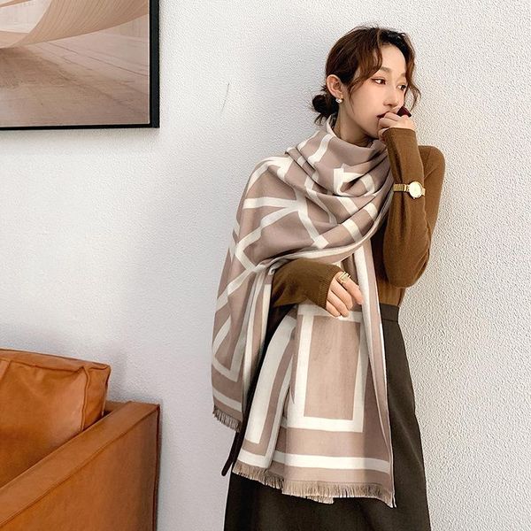 

2020 fashion thickened cashmere two-sided scarf new style lady autumn wool beach towel winter popular stripe print warmth shawls, Blue;gray