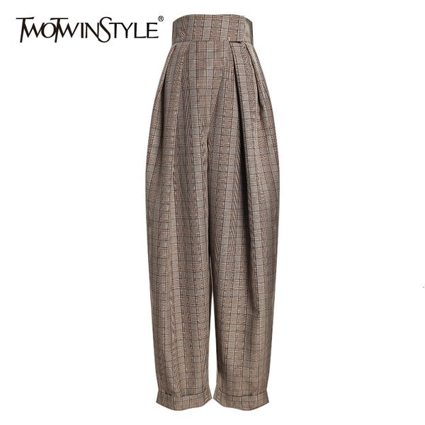 

twotwinstyle plaid ruched harem trousers for women high waist casual asymmetrical ankle length pants female fashion autumn 201106, Black;white