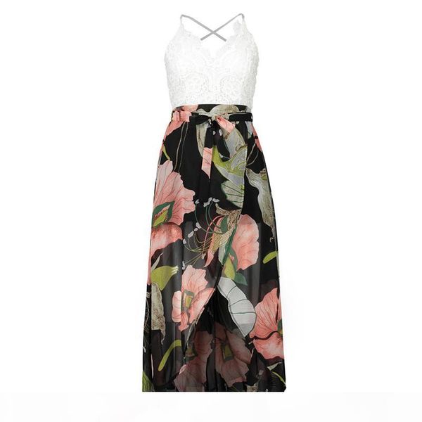 

lace v neck floral printed dresses backless strappy dress summer split maxi dresses women clothes will and sandy fashion, Black;gray