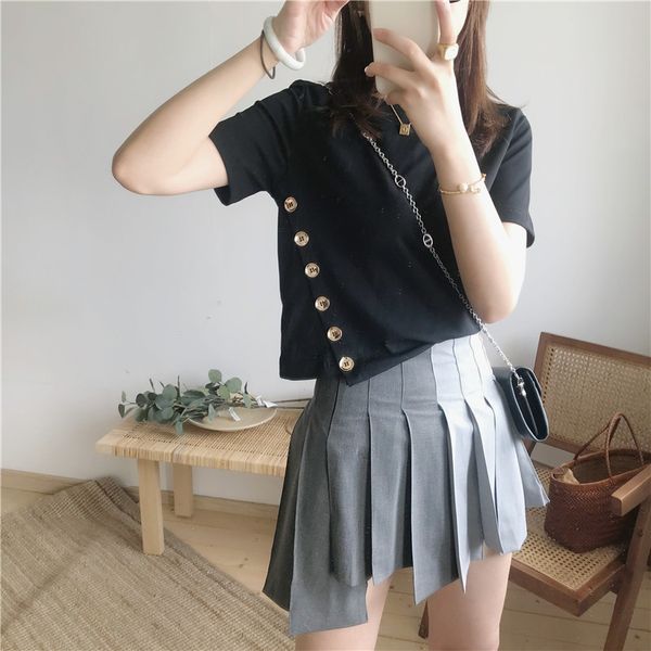 

2020 new summer irregular button buttonbutton women's black fashion short slimming short sleeve t-shirt f4402 oq36z, White