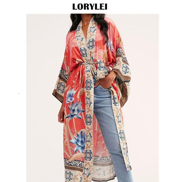 

2020 bohemian printed self belted loose summer beach tunic plus size beachwear long kimono cardigan boho women blouse q996, White