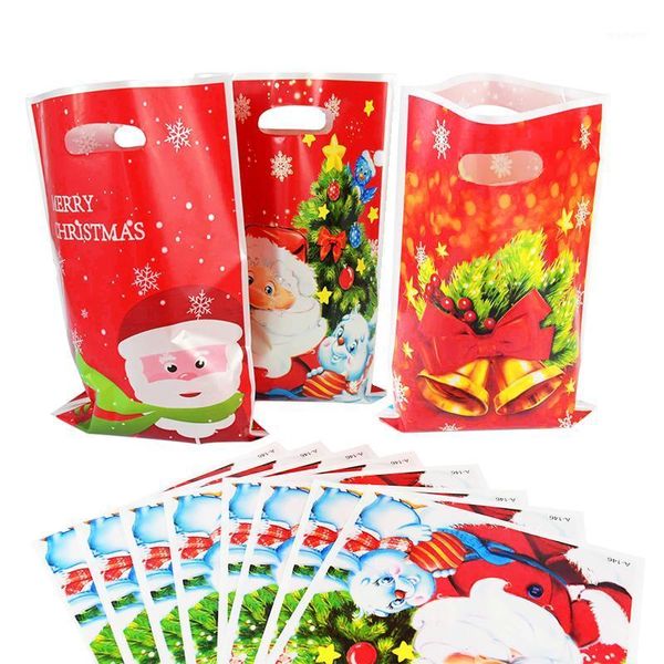 

christmas decorations 10pcs merry gift bags santa claus tree pattern plastic candy bag year xmas party kids pakcing pouch1